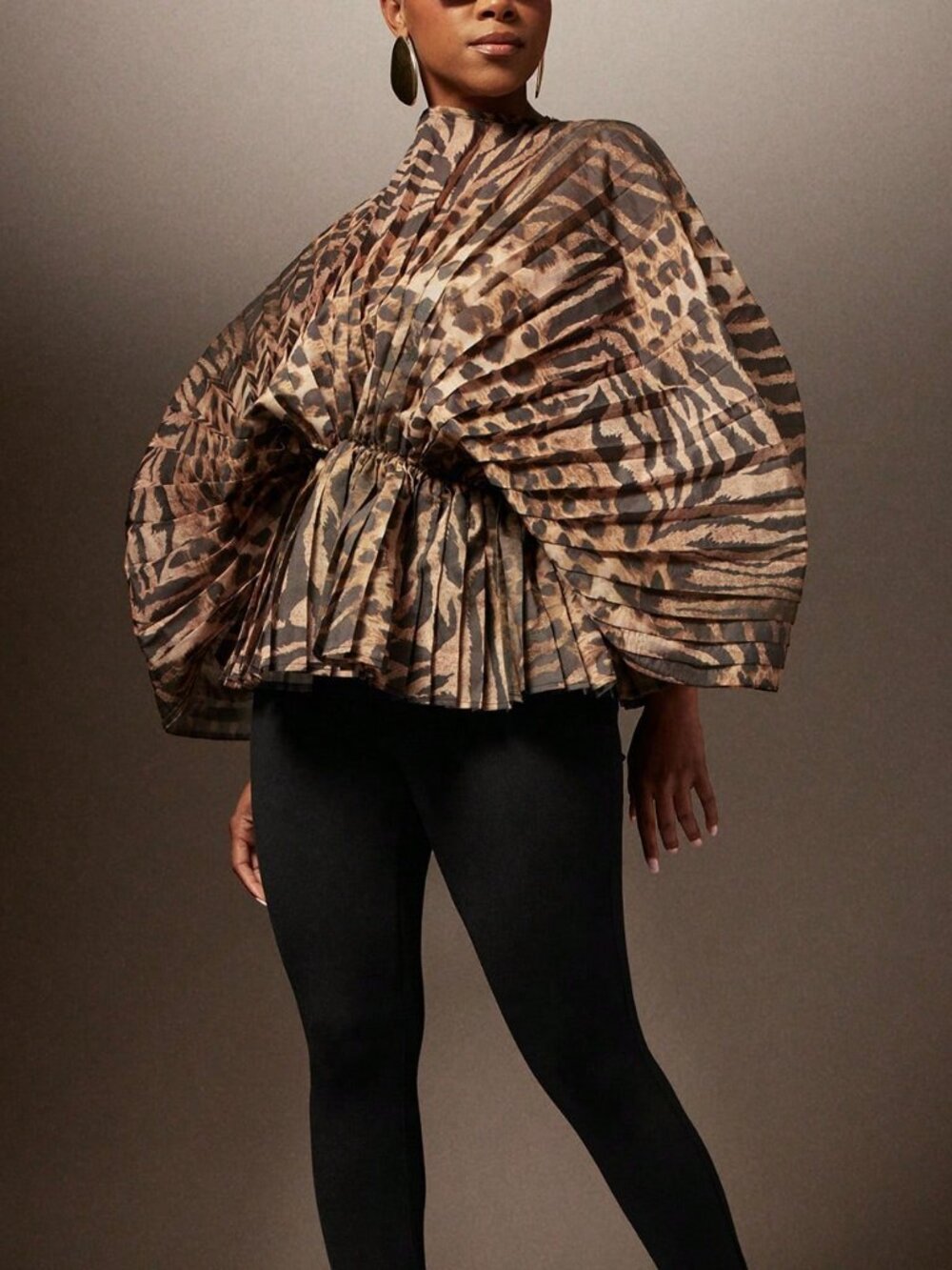 Multicolor Casual Women's Statement Sleeve Animal Print Pleated Peplum Top - Picture 4 of 5